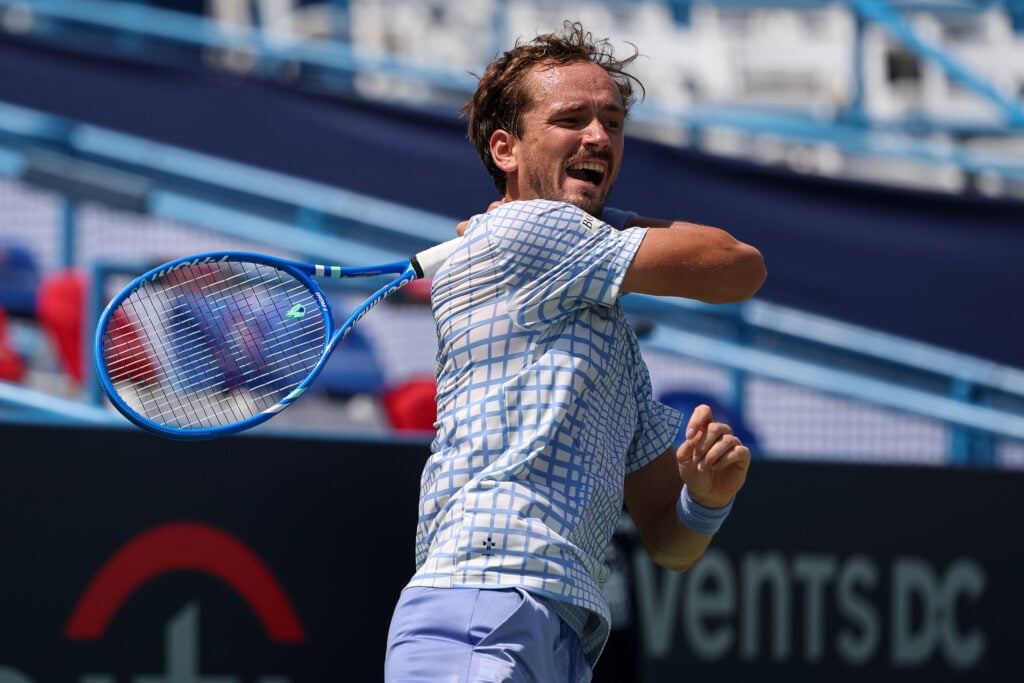 Daniil Medvedev returns a shot at the 2025 Washington Open