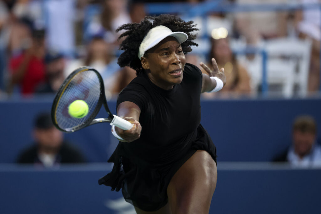 Venus Williams returns a shot in her round of 16 match at the Mubadala Citi DC Open 2025