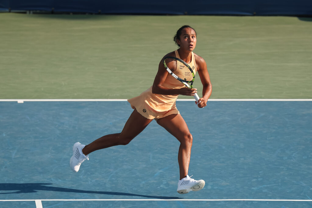 Leylah Fernandez runs to return a shot during a rally at the Mubadala Citi DC Open 2025