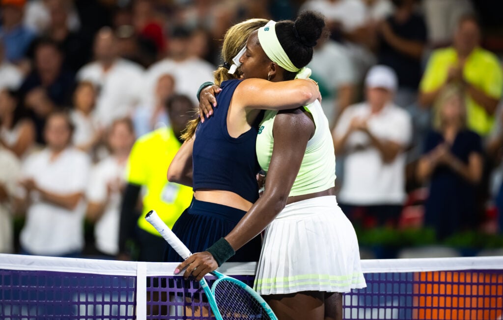 Coco Gauff and Danielle Collins embrace at the net after their Canadian Open clash