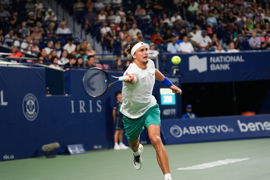 Alexander Zverev hits a forehand at the National Bank Open 2025