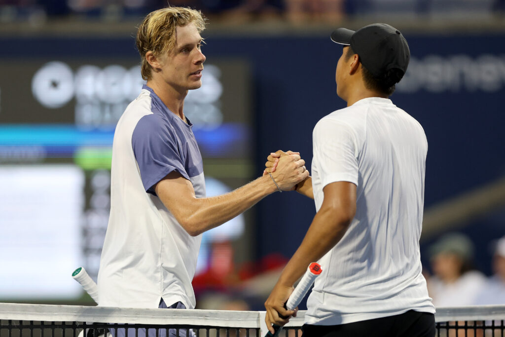 Denis Shapovalov of Canada congratulates Learner Tien of United States after their match during the National Bank Open Presented by Rogers at Sobeys Stadium.