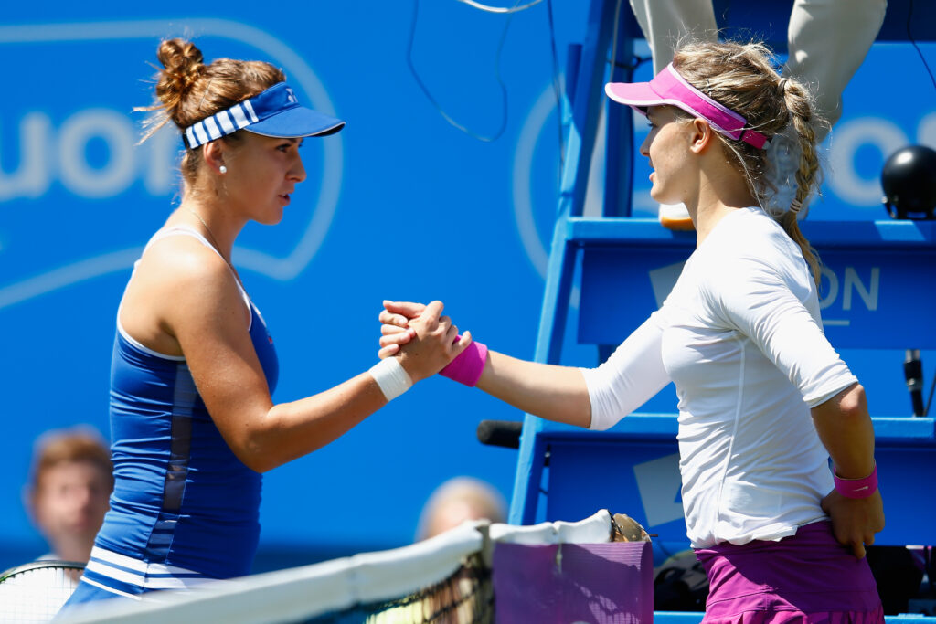 Eugenie Bouchard and Belinda Bencic shake hands after their match at he 2015 Aegon International