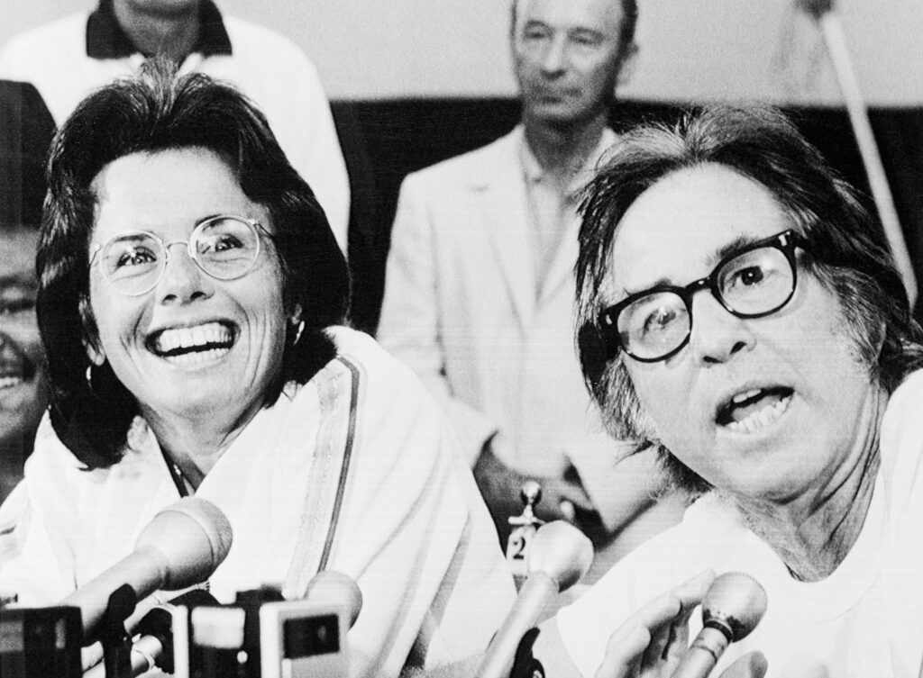 Billie Jean King and Bobby Riggs at a Press Conference ahead of their 1973 'Battle of the Sexes' exhibition