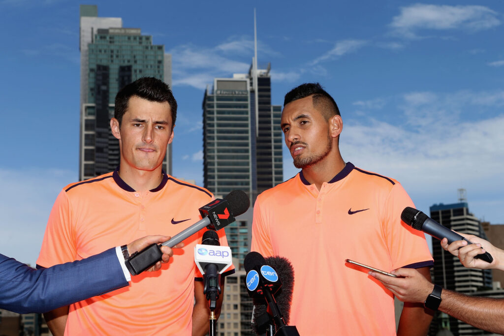 Bernard Tomic and Nick Kyrgios speak to the media ahead of the Fast4International Exhibition in 2017.