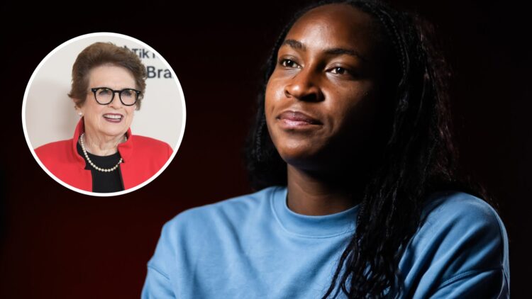 Image of Coco Gauff speaking to the media after beating Iga Swiatek at the 2025 Madrid Open, inset of Billie Jean King attending the QVC's Q50 "Age...
