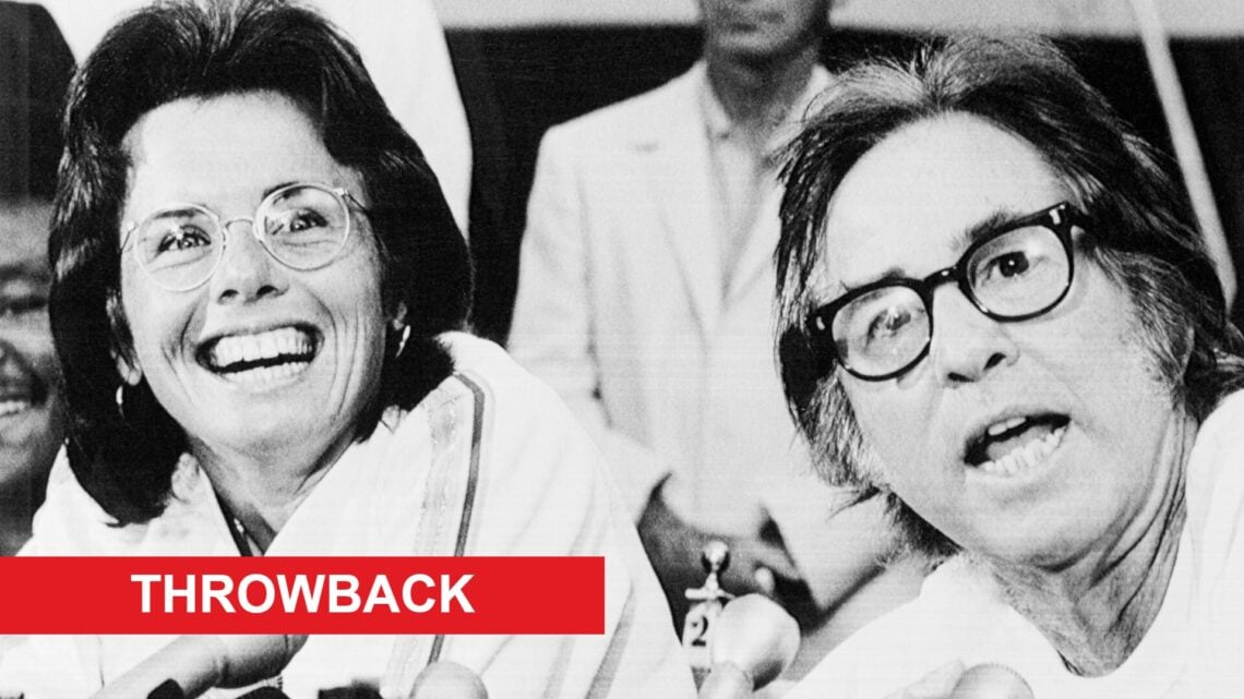 Image of Billie Jean King and Bobby Riggs attending a press conference ahead of their 'Battle of the Sexes' match