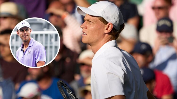 Image of Jannik Sinner looking on during his win over Grigor Dimitrov at Wimbledon in 2025, inset of Sam Querrey reacting at the 2022 Atlanta Open