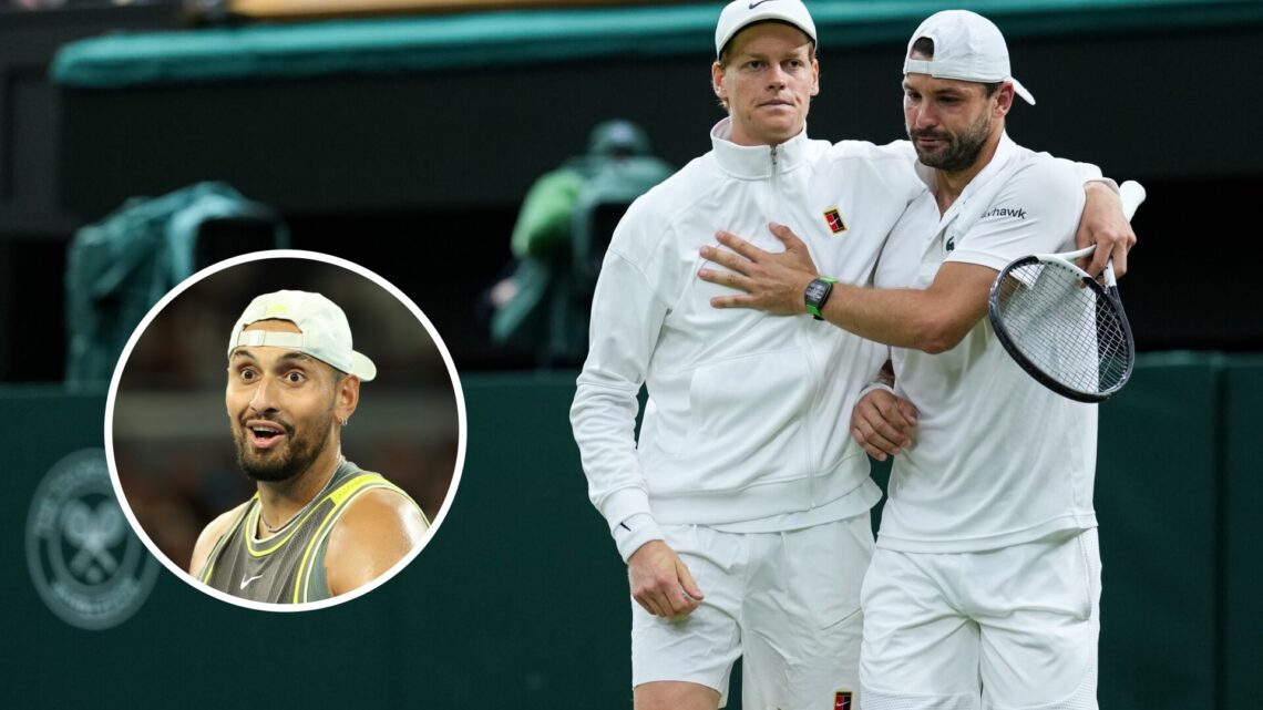 Nick Kyrgios (left) looks on in a circle overlay, Jannik Sinner and Grigor Dimitrov (both right) walk arm in arm