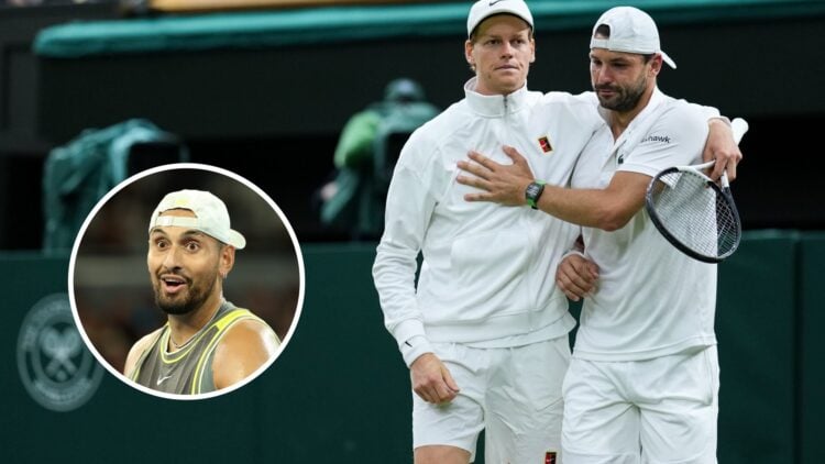 Nick Kyrgios (left) looks on in a circle overlay, Jannik Sinner and Grigor Dimitrov (both right) walk arm in arm