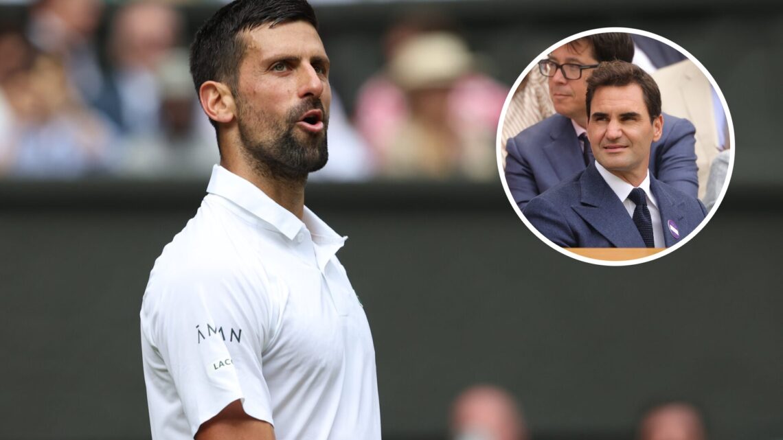 Image of Novak Djokovic reacting during his win over Alex de Minaur at Wimbledon in 2025, inset of Roger Federer watching Novak Djokovic play Alex ...