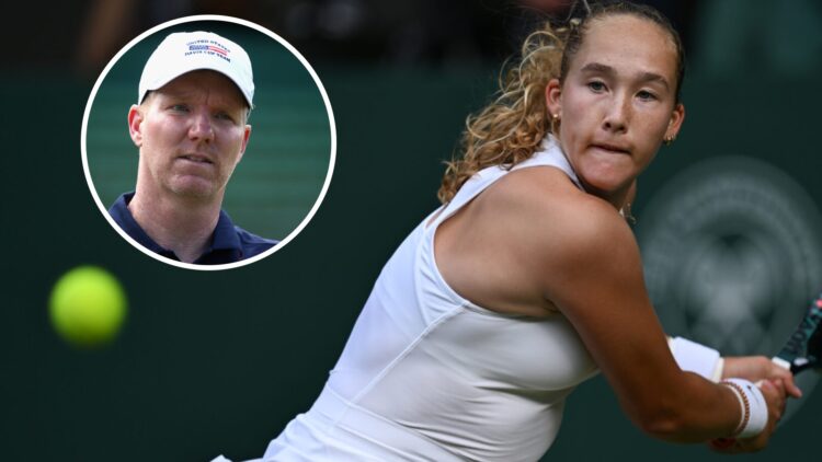 Image of Mirra Andreeva playing a backhand against Emma Navarro at Wimbledon, inset of Jim Courier looking on during the 2016 Davis Cup