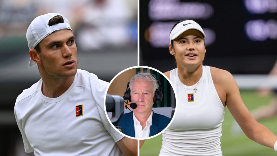 Split image of Jack Draper of Great Britain looks on against Marin Cilic of Croatia during the Gentlemen's Singles second round match on day four o...