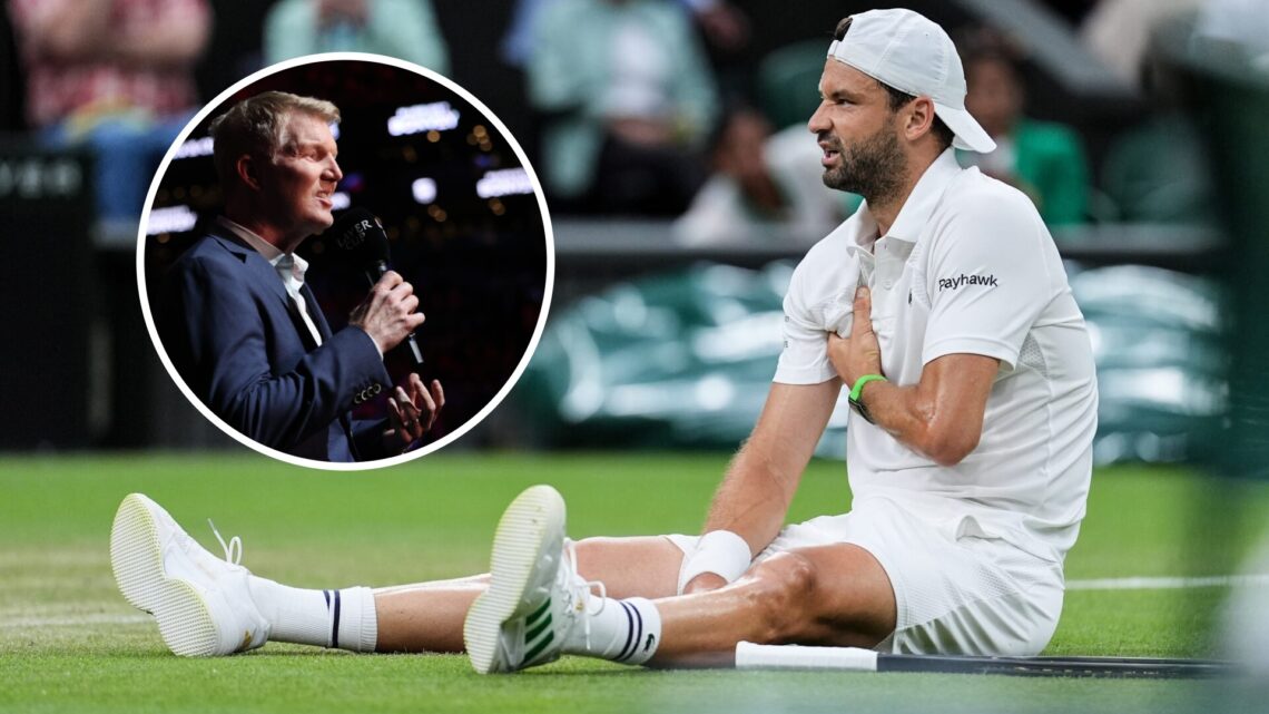 Image of Grigor Dimitrov holding his pec after suffering an injury at Wimbledon in 2025, inset of Jim Courier speaking during media day at the 2021...