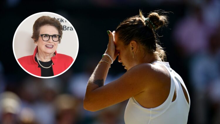 Image of Aryna Sabalenka reacting during her win over Laura Siegemund at Wimbledon in 2025, inset of Billie Jean King attending the QVC's Q50 "Age ...
