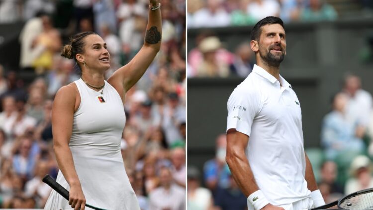 Split image of Aryna Sabalenka waving to the crowd at Wimbledon 2025 (L) and Novak Djokovic smiling at Wimbledon 2025 (R)