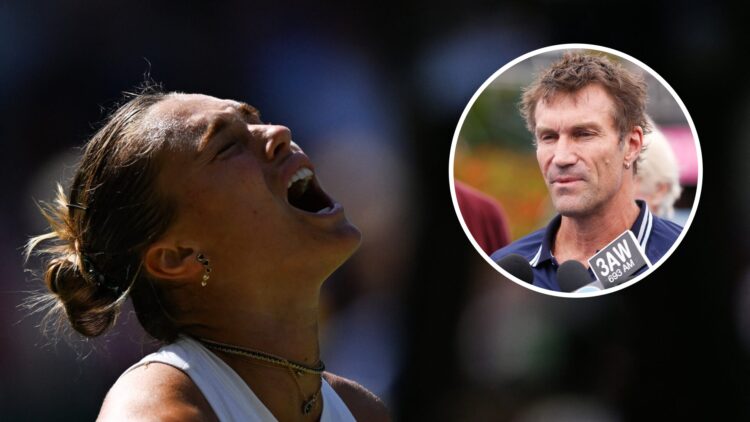 Image of Aryna Sabalenka reacts during her win over Laura Siegemund at Wimbledon, inset of Pat Cash speaking to the media ahead of the 2018 Kooyong...