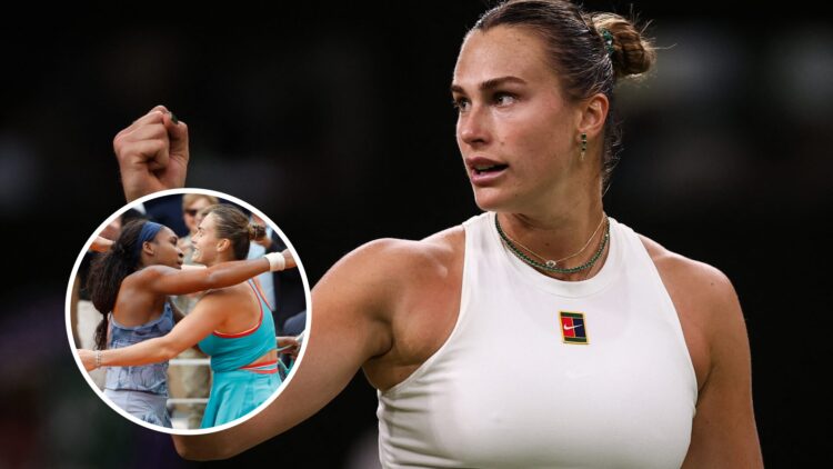 Coco Gauff and Aryna Sabalenka hug (left) in a circle overlay, Aryna Sabalenka (right) pumps her fist