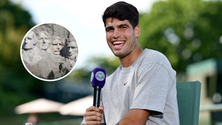Image of Carlos Alcaraz being interviewed ahead of the 2025 Wimbledon Championships, inset of a front on view of Mount Rushmore
