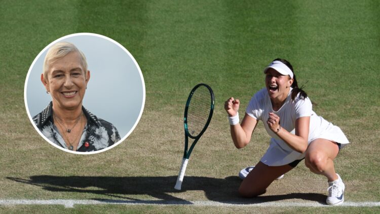 Image of Amanda Anisimova falling to the floor as she reaches the 2025 Wimbledon semifinals, inset of Martina Navratilova looking on ahead of the f...