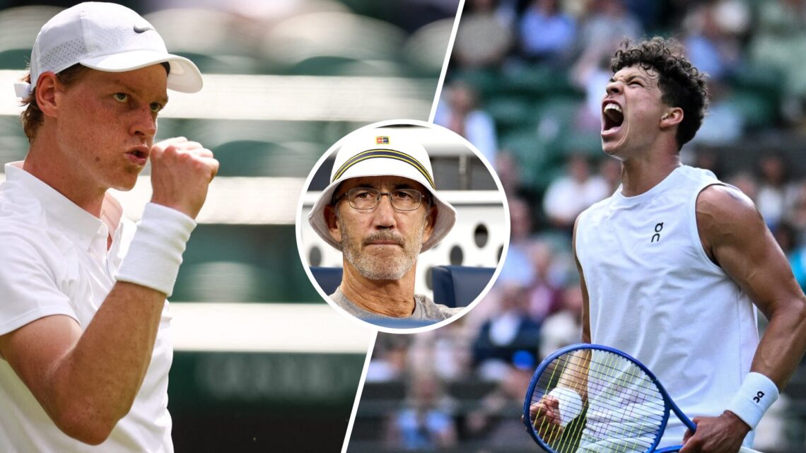 Split image of Jannik Sinner celebrating during his first-round win at Wimbledon in 2025, image of Ben Shelton celebrating a point against Lorenzo ...