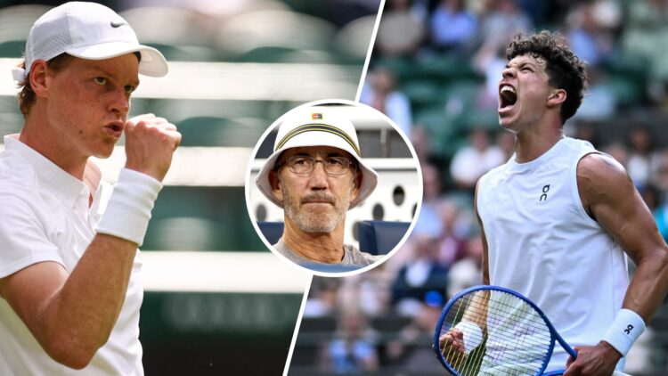 Split image of Jannik Sinner celebrating during his first-round win at Wimbledon in 2025, image of Ben Shelton celebrating a point against Lorenzo ...
