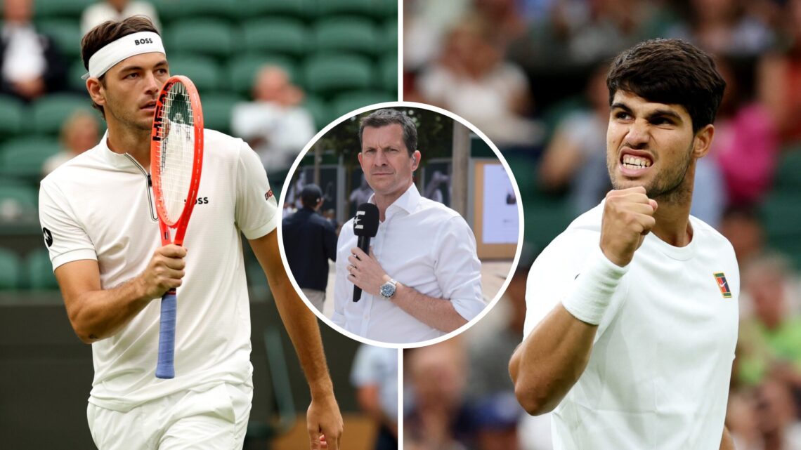 Split image of Taylor Fritz of United States celebrates against Jordan Thompson of Australia Gentlemen's Singles fourth round match on day seven of...