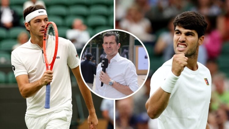 Split image of Taylor Fritz of United States celebrates against Jordan Thompson of Australia Gentlemen's Singles fourth round match on day seven of...