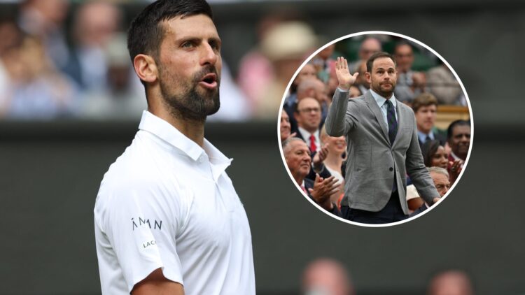 Novak Djokovic reacts on court at Wimbledon 2025, inset Andy Roddick waves to the crowd at Wimbledon 2025
