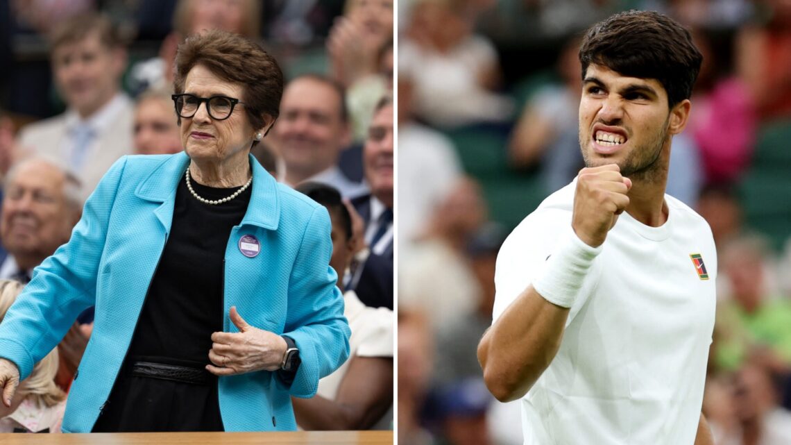 Split image of Billie Jean King looking on from the crowd at Wimbledon 2025 (L) and Carlos Alcaraz celebrating at Wimbledon 2025 (R)