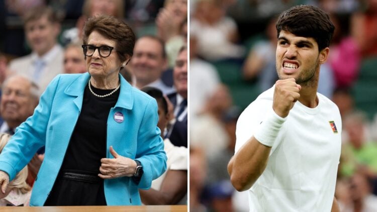 Split image of Billie Jean King looking on from the crowd at Wimbledon 2025 (L) and Carlos Alcaraz celebrating at Wimbledon 2025 (R)