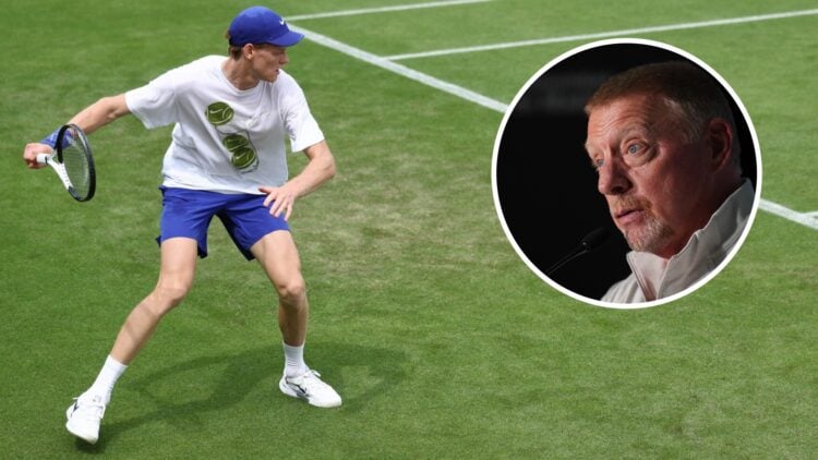 Image of Jannik Sinner practising before Wimbledon in 2025, inset of Boris Becker speaking during the 2024 Laureus Sports Awards
