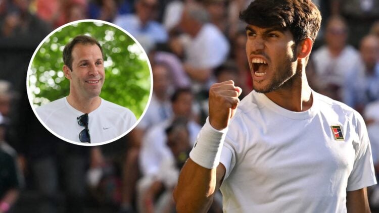 Image of Carlos Alcaraz celebrating his win over Cameron Norrie at Wimbledon, inset of Greg Rusedski attending the Aspall Tennis Classic in 2017