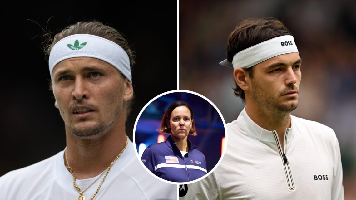 Split image of Alexander Zverev of Germany looks on against Arthur Rinderknech of France during the Gentlemen's first round match on day two of The...