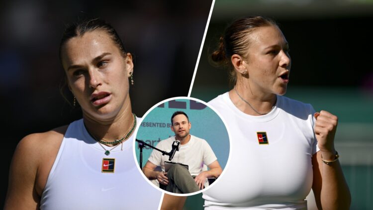 Split image of Aryna Sabalenka looks on against Laura Siegemund of Germany during the Ladies' Singles quarter-final match on day nine of The Champi...