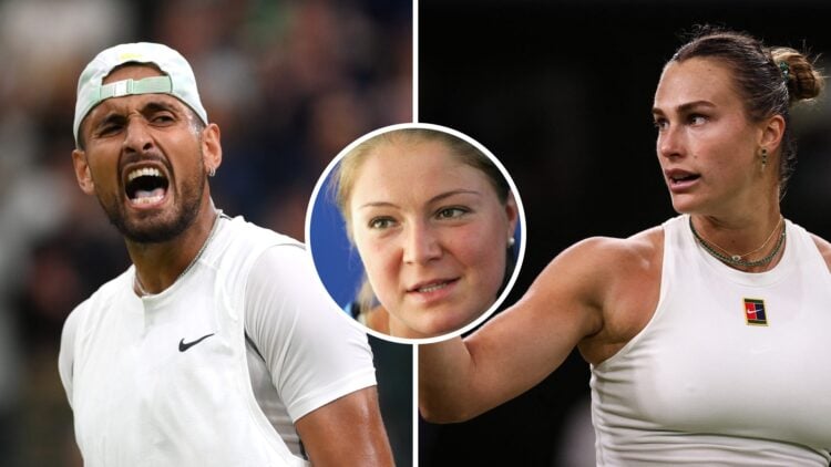 Split image of Nick Kyrgios celebrating during his win over Stefanos Tsitsipas at Wimbledon in 2022, image of Aryna Sabalenka celebrating during he...