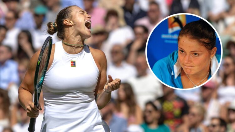 Image of Aryna Sabalenka celebrating her win over Laura Siegemund at Wimbledon, inset of Dinara Safina speaking to the media after retiring from he...