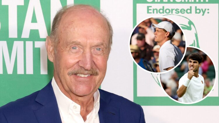 Image of Stan Smith attending the 'Who is Stan Smith?' Premiere in 2024, inset of Carlos Alcaraz celebrating during his win over Andrey Rublev in 2...