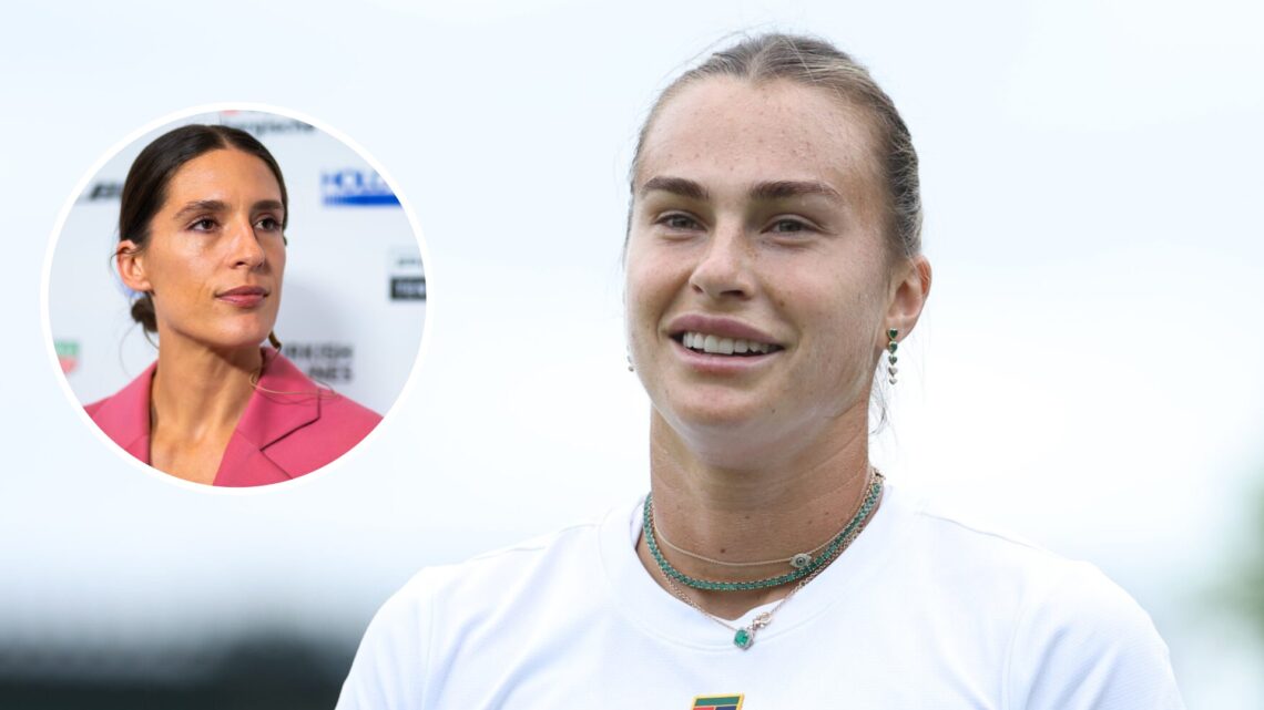 Image of Aryna Sabalenka during practice ahead of the 2025 Wimbledon tournament, inset of Andrea Petkovic during the 2024 Porsche Tennis Grand Prix
