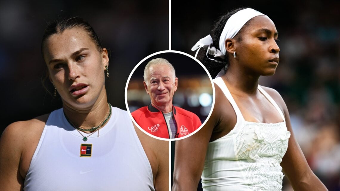 Left: Aryna Sabalenka at Wimbledon. Right: Coco Gauff at Wimbledon and Inset: John McEnroe