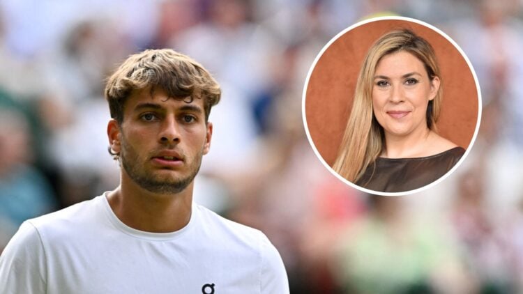Image of Flavio Cobolli looking on during his defeat to Novak Djokovic at Wimbledon, inset of Marion Bartoli posing for a photo at the 2019 French ...