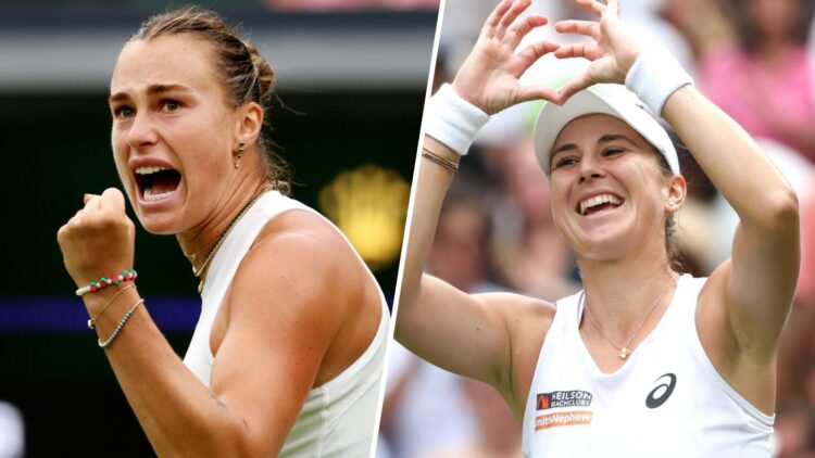 Aryna Sabalenka celebrates winning the first set against Elise Mertens of Belgium during the Ladies' Singles fourth round match on day seven of The...