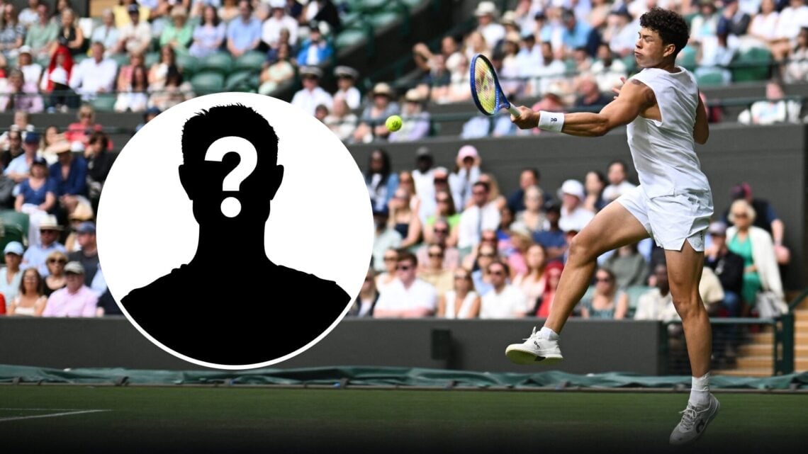 Ben Shelton plays a shot at Wimbledon 2025, inset of a Mystery Player