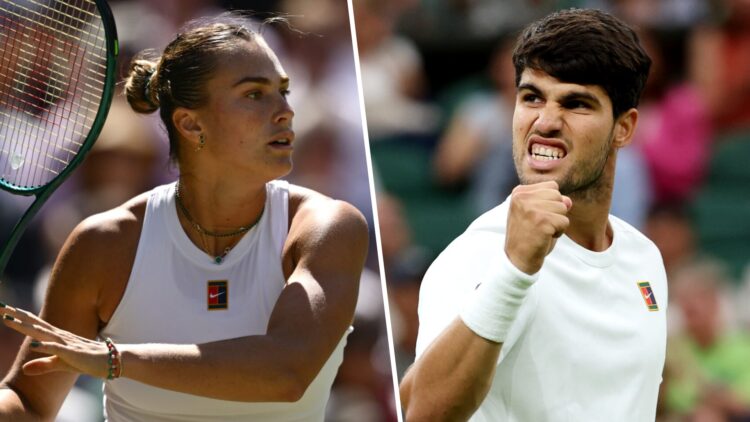 Aryna Sabalenka plays a backhand against Laura Siegemund of Germany during the Ladies' Singles quarter-final match on day nine of The Championships...