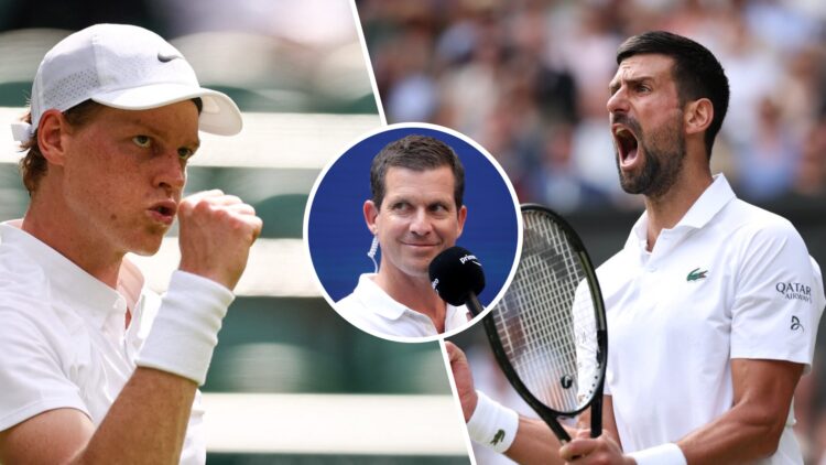 Split image of Jannik Sinner celebrating his first-round win at Wimbledon in 2025, image of Novak Djokovic celebrating his fourth-round win over Al...
