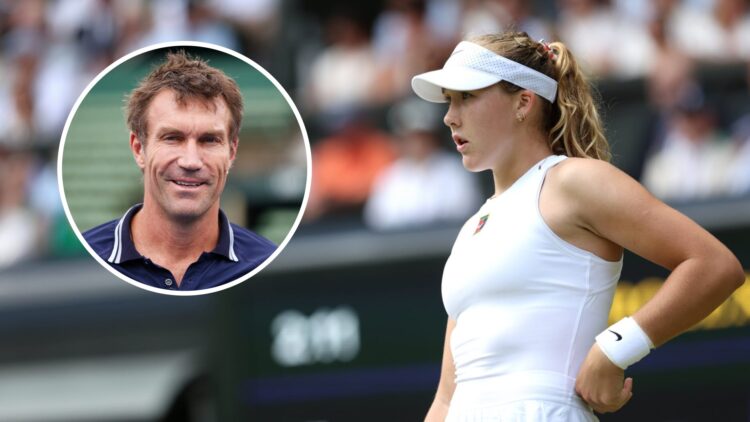 Image of Mirra Andreeva looking on during her Wimbledon defeat to Belinda Bencic, inset of Pat Cash speaking to the media ahead of the 2018 Kooyong...