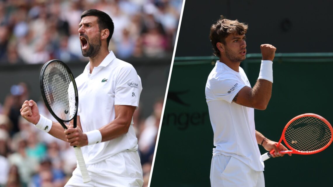Left: Novak Djokovic and Right: Flavio Cobolli both playing at Wimbledon