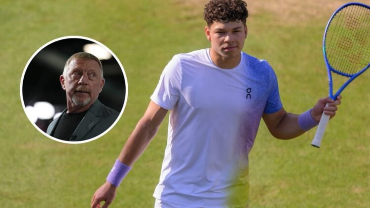Image of Ben Shelton celebrating his win over Jiri Lehecka at the 2025 Stuttgart Open, inset of Boris Becker watching the men's Handball Preliminar...