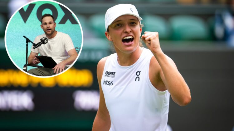 Iga Swiatek of Poland celebrates defeating Liudmila Samsonova in the quarter-final on Day Ten of The Championships Wimbledon 2025 at All England La...