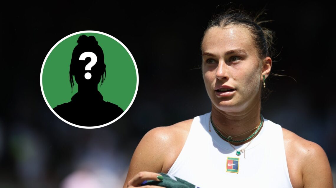 Image of Aryna Sabalenka looking on during her first-round win at Wimbledon in 2025, inset of a female mystery player inset